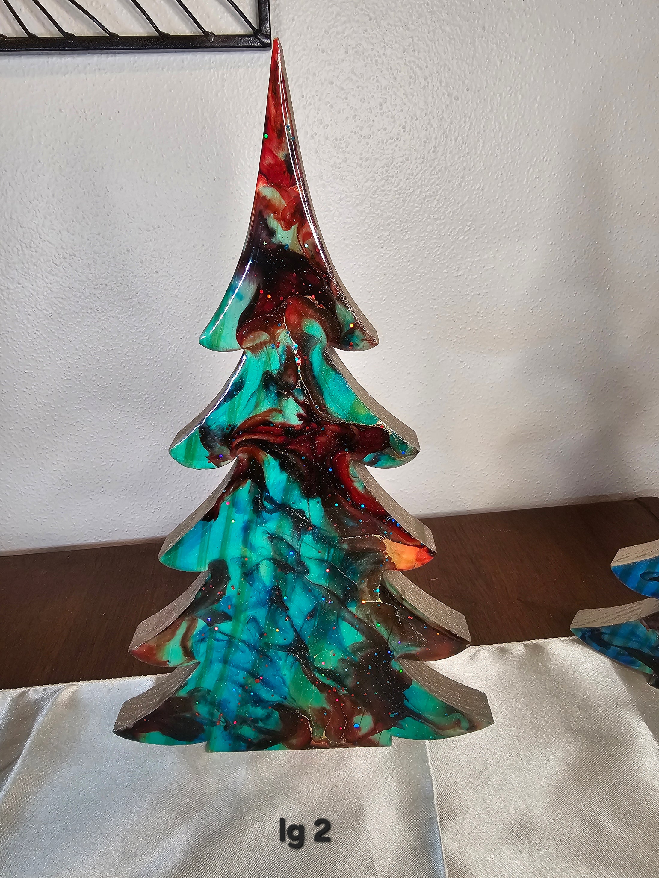 Handmade Turquoise Christmas Trees Shelf Sitter with Red Resin and Gold Accents - XL size 15 inches, perfect for festive decor.