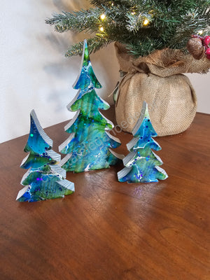 Christmas Trees with Branches Holiday Tabletop Decoration Chunky Wood with Resin Blue Green Silver Lg or Sm