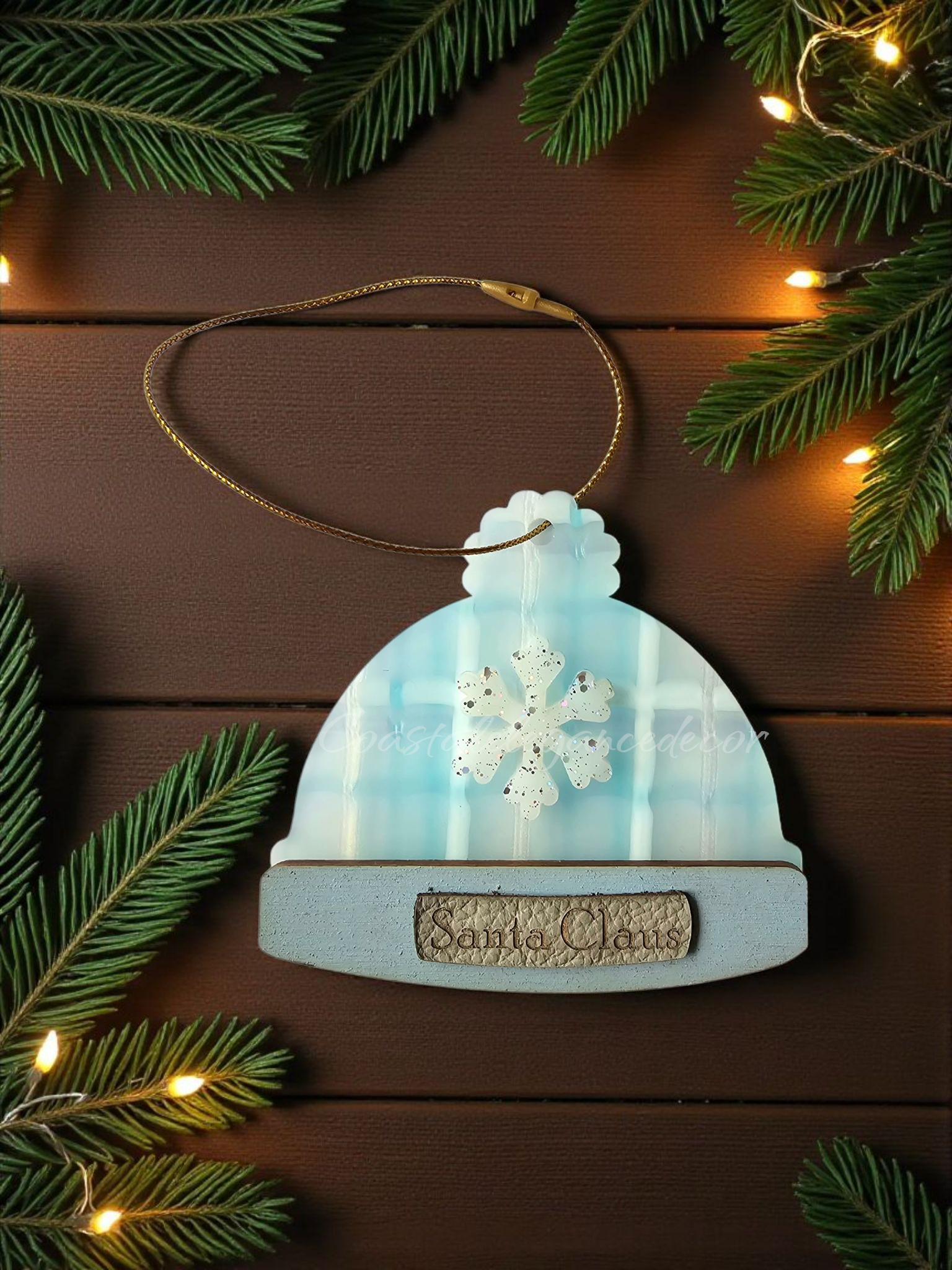 Personalized Light Blue and Holographic Gold Plaid Winter Beanie Hat Ornament With Custom Leather Name Patch