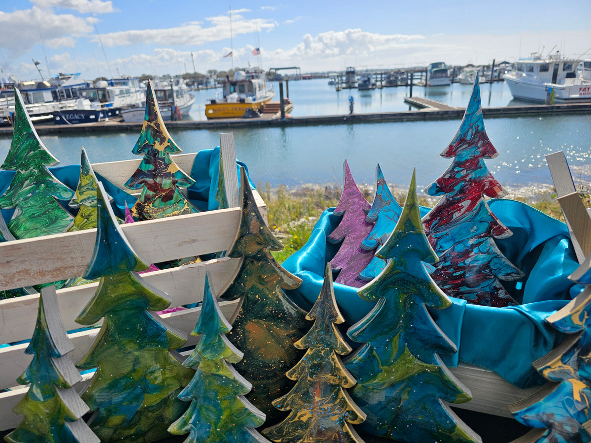 Handmade Light Blue, Navy & Gold Resin Wood Trees | Coastal Contemporary Tabletop Decor