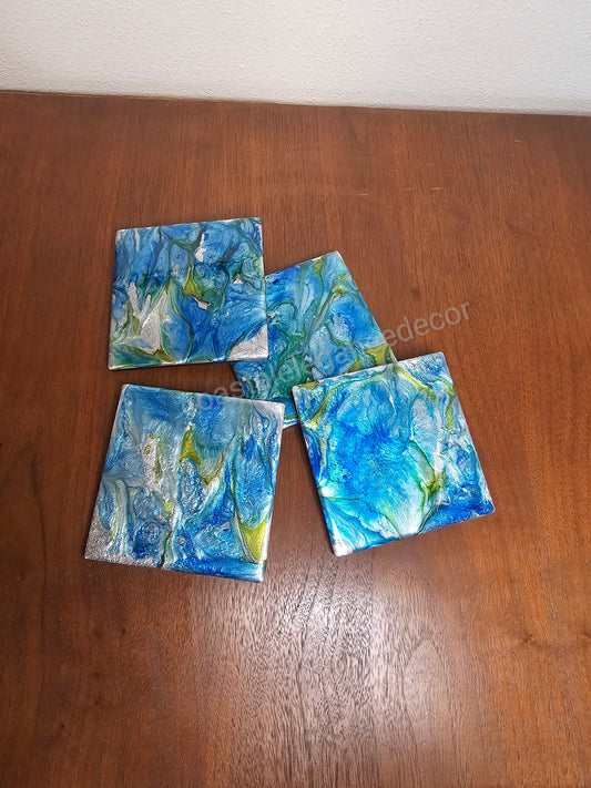 Blue and Green Resin on Ceramic Glass Drink Coasters 4 x 4 Inch Square