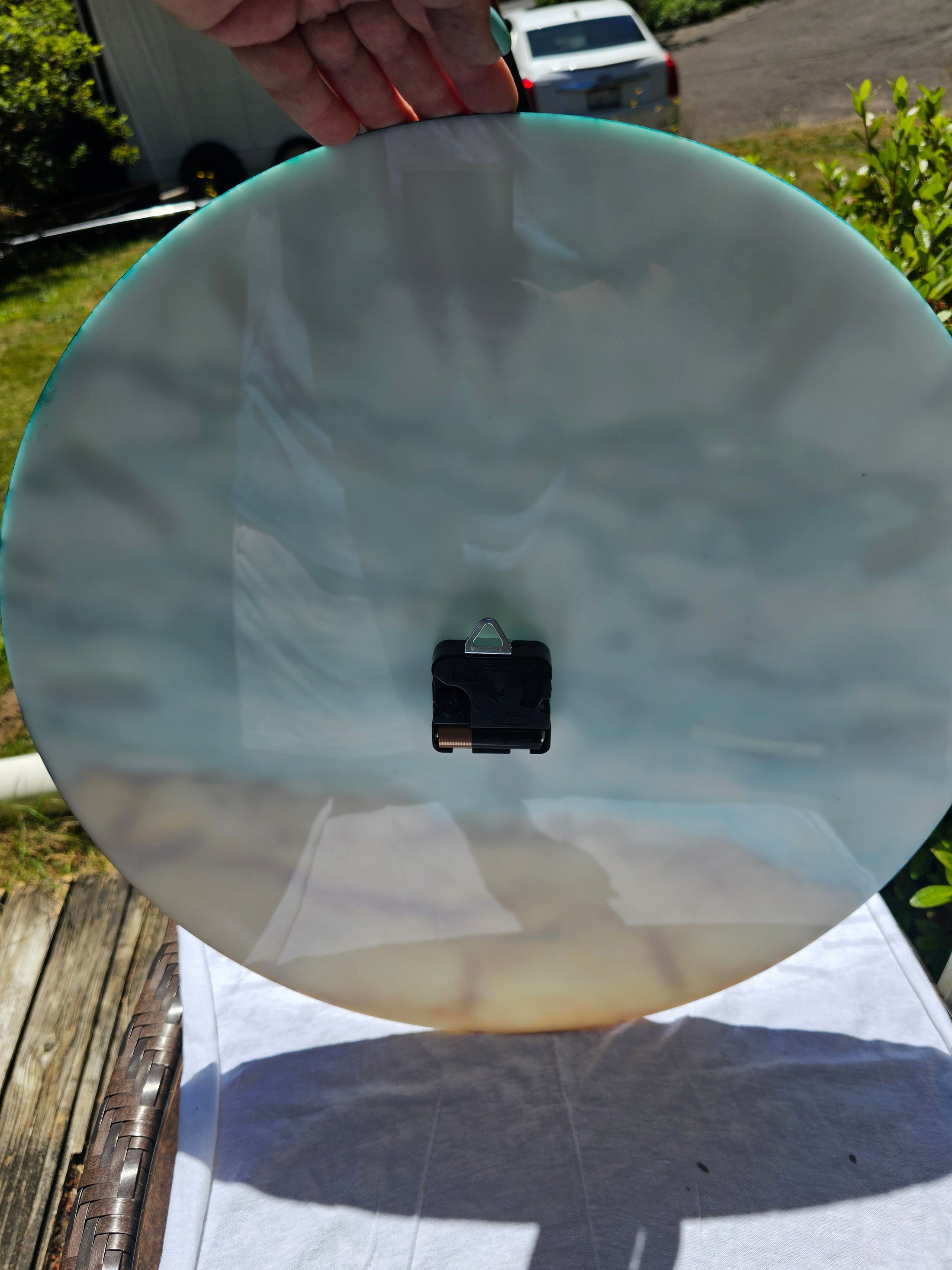 Handmade 18" Abstract Coastal Wall Clock – Teal & Caramel Alcohol Ink Art with White Pearl Acrylic Ticks & Silent Sweep