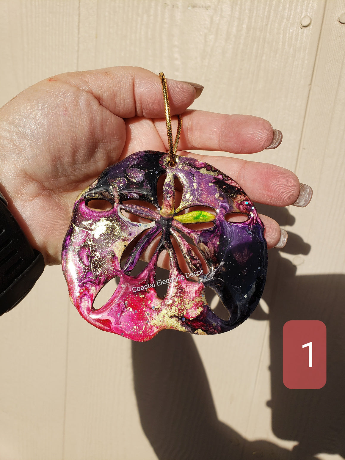 Colorful and Sparkly Beach Coastal Sand Dollar Christmas Ornaments Resin and Wood